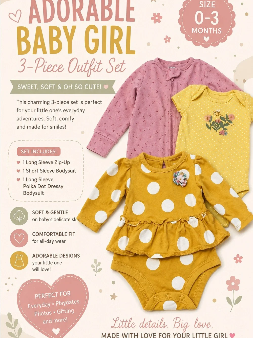 Carter's 3-Piece Baby Girl One-Piece Set in Mustard Yellow & Dusty Rose